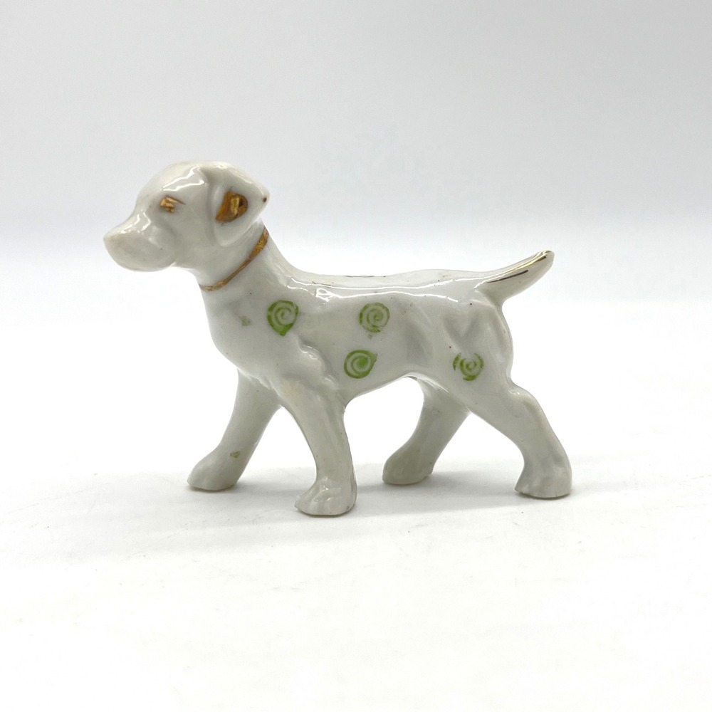 Vintage Japan Porcelain Dog Figurine White Green Swirls Gold Gilt Miniature